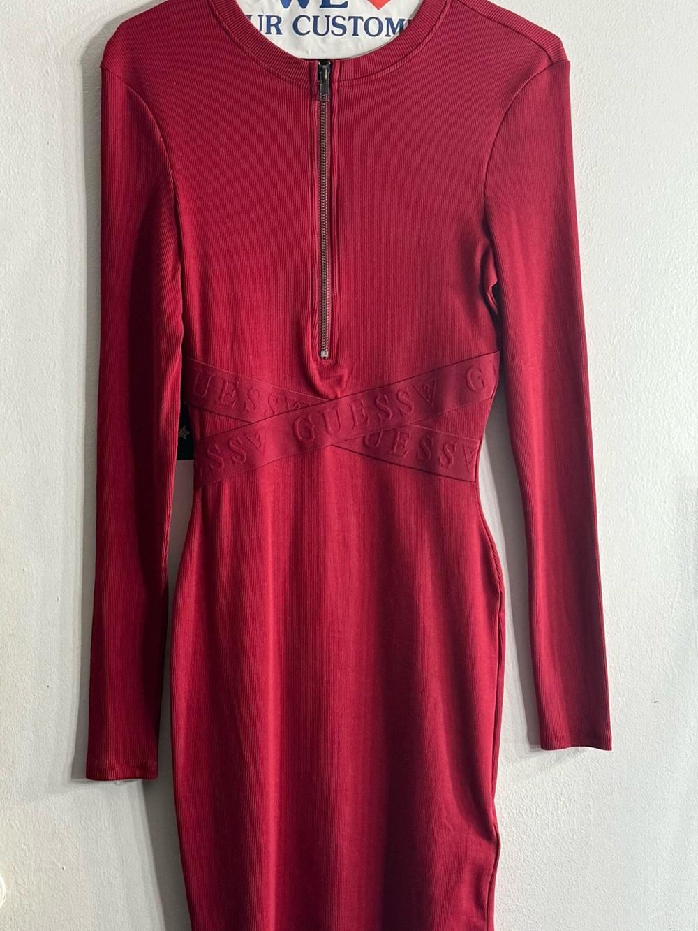 GUESS Wine-Red Long Sleeve Bodycon Dress with Front Zip